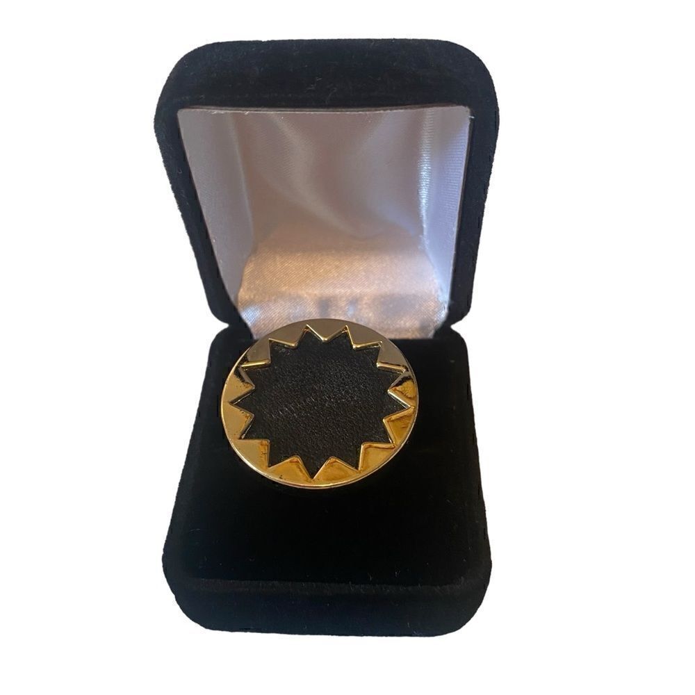House of Harlow Black Leather & Bright Gold Tone Sunburst Ring in Size 7.5